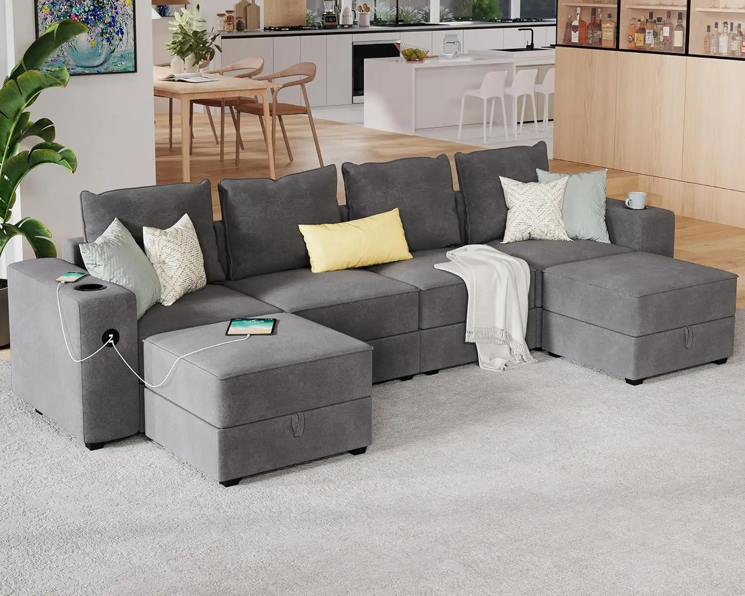 Sofa, 114 Inch Modular Sectional Sofa with 2 USB Ports & Cup Holders, 6 Seats U Shaped Couch with Storage, Ottomans, 6