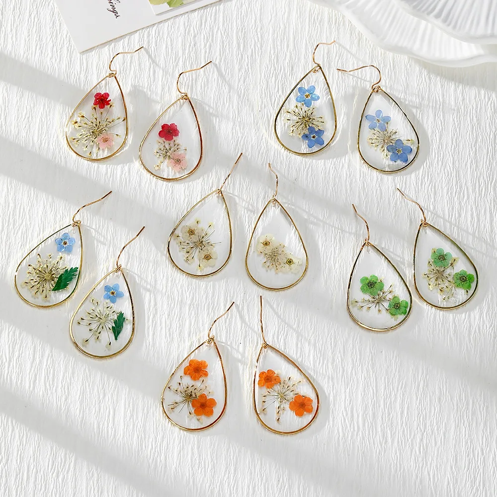 Drop Earrings Preserved Flower Handmade Elegant Camellia Teardrop Resin Metal Colorful Lightweight for Women Girls Daily Party