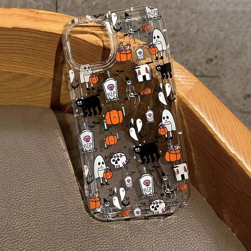 Halloween Pumpkin Ghost Transparent Phone Case For iPhone 11 12 13 14 15 16 Pro Max XS X XR 7 8 Plus SE 3 2022 Soft Airbag Cover