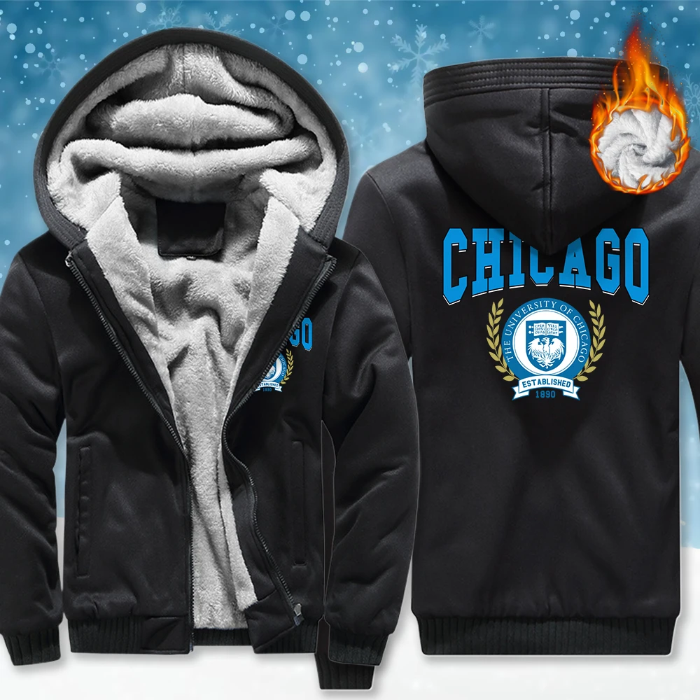 

The University Of Chicago Est Printed Men Zipper Coat Fashion Clothes Thicken Fleece Hooded Unisex Winter Hip Hop Tracksuit