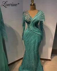 Green Aso Ebi Crystals Prom Dresses Long Sleeves Formal Evening Dress 2024 V Neck Crystals Long Sleeve Party Dresses Custom Made