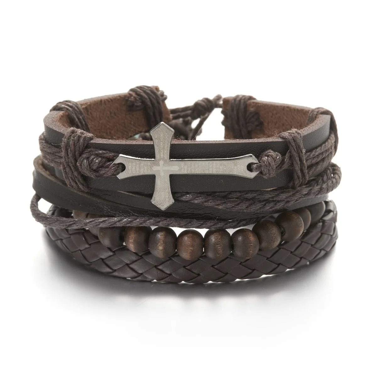 4 Teile/satz Retro Kreuz Multilayer Wrap Leder Armbänder Für Männer Frauen Ethnische Böhmischen Kreuz Holz Perlen Armreifen Punk Schmuck