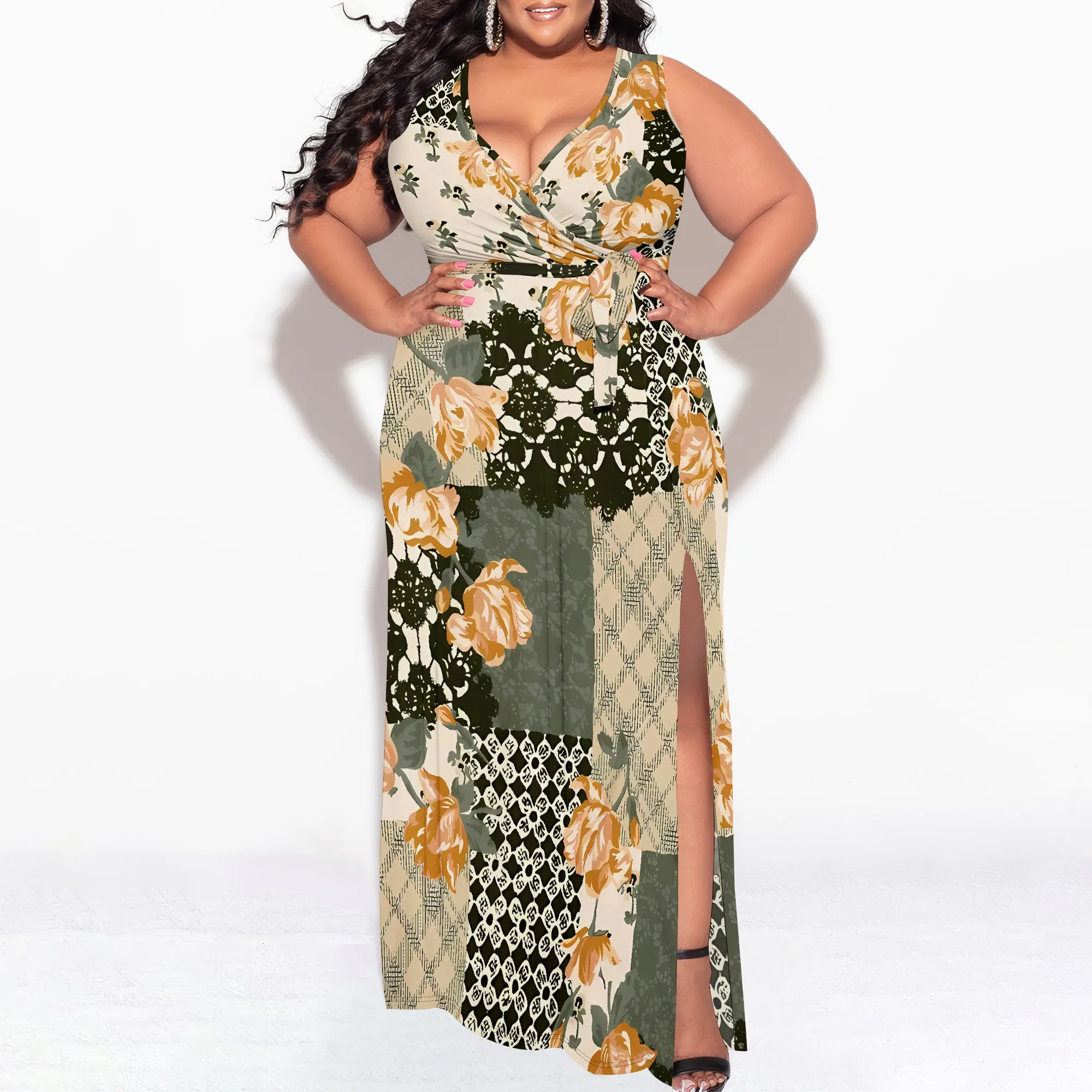 

Plus Size Floral Print Belted Maxi Dress for Women V Neck Summer Sleeveless Long Split Casual Vacation Wear