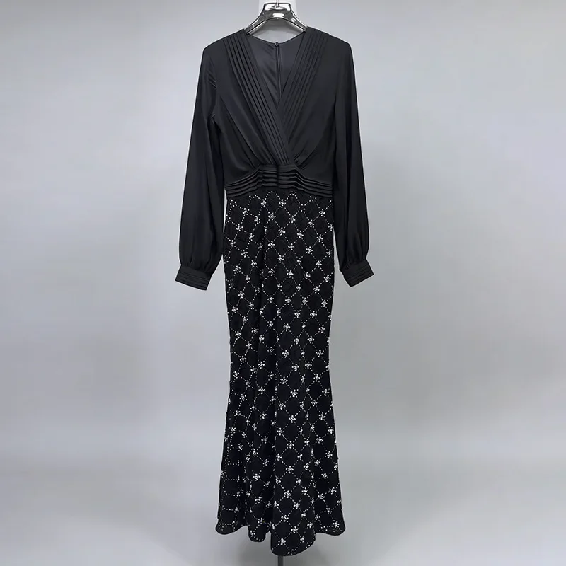 Retro Slim Spliced Plaid Long Dresses  V-neck Long Sleeved High Waisted Diamond Inlaid Design Dress Elegant Solid Office Female