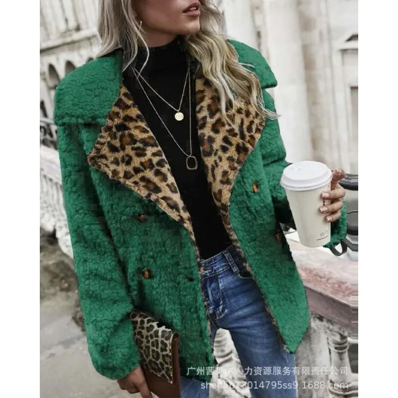 Women Warm Fleece Coat Jacket Autumn Winter Vintage Fashion Long Sleeve Lapel Collar Leopard Patchwork Plush Outwear