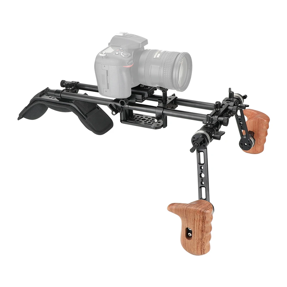 SZRIG Pro Shoulder Mount Rig With Manfrotto Quick Release Baseplate & Adjustable Rosette Wooden Handgrip For DSLR Camera