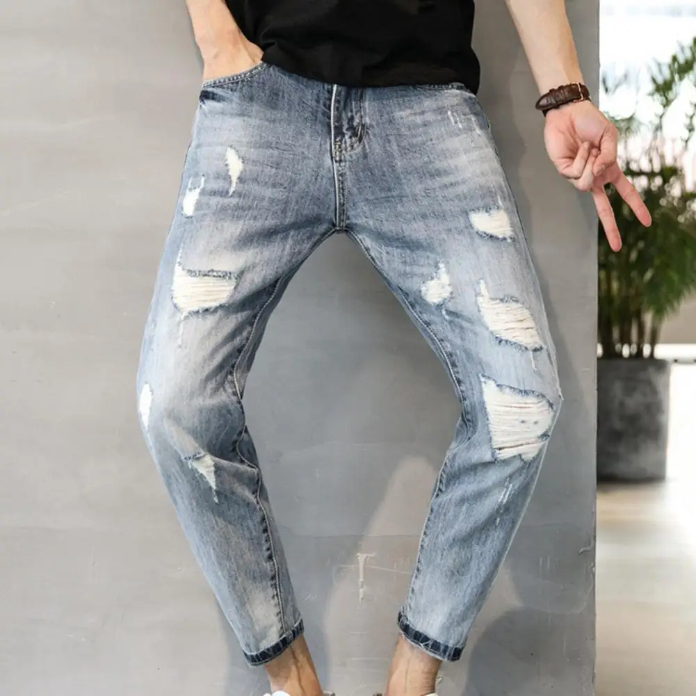 2024 Spring Summer Ribbed Holes Jogger Pant Men Pants Harajuku Jeans Casual Harem Denim Korean Hip Hop Sweatpants Male Trousers