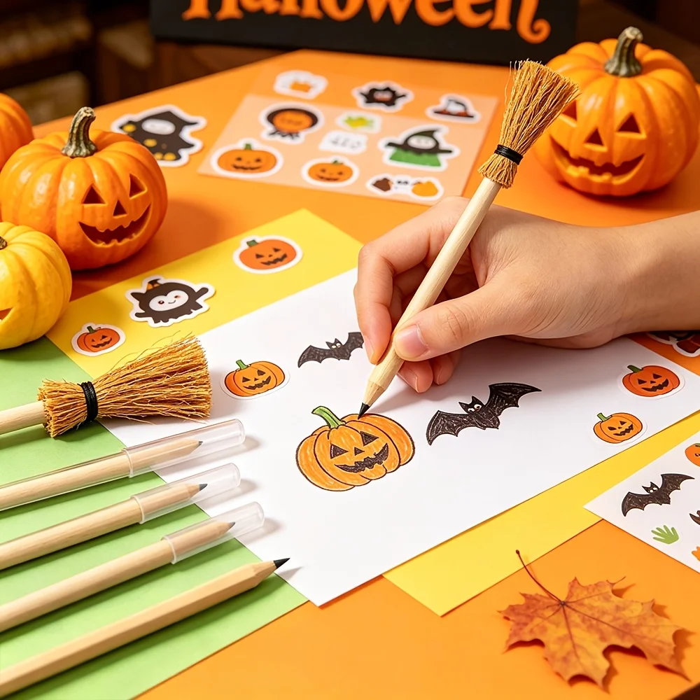 5/10PCS Halloween Witch Broom Mini Wooden Pencil Magician Broom Styling Small Pencil Party Gift Desktop Decoration Pen