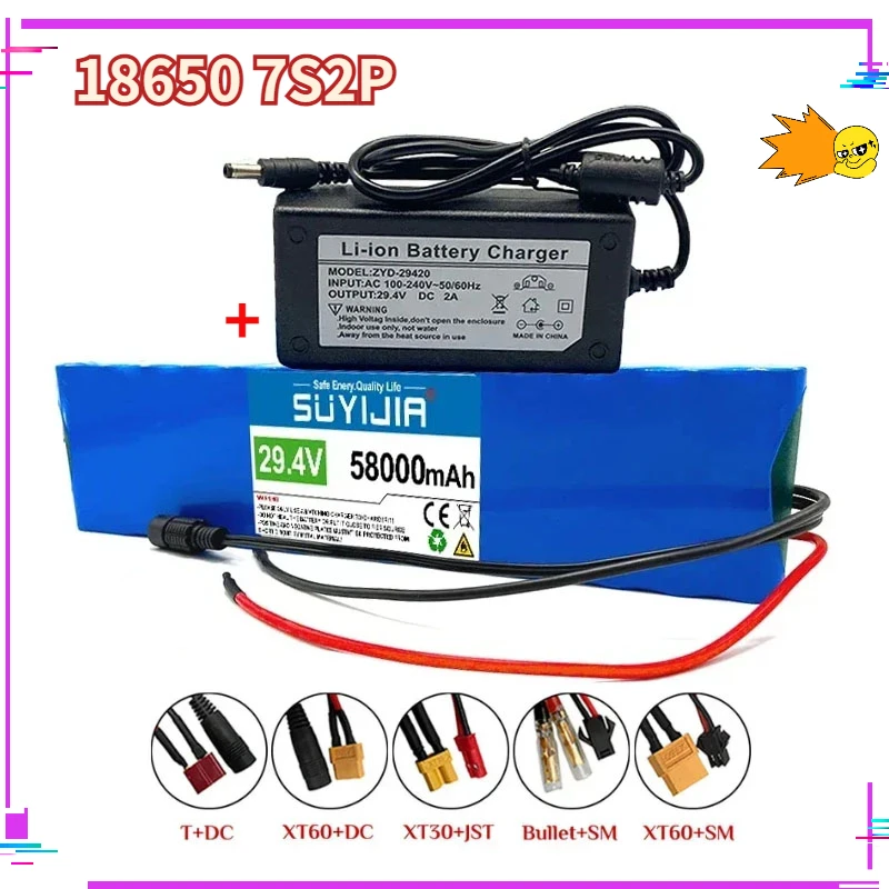 Original 24 Volt Battery 25.2V 58000mAh 7S2P 18650 Lithium Battery Pack 24V W/ Smart BMS for Electric Bicycle Moped + 2A Charger