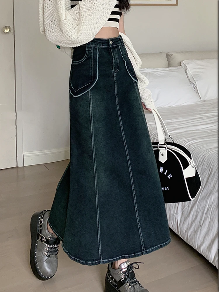 Black gray denim fishtail skirt for women in autumn and winterplumppear shaped bodymedium lengthhigh waistedA-line skirt