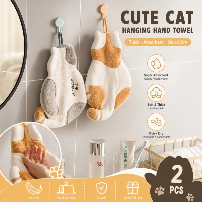 2Pcs Cute Cat Hanging Hand Towel Super Absorbent Quick Dry Soft Thick Lint-Free Handkerchief for Kitchen Bathroom