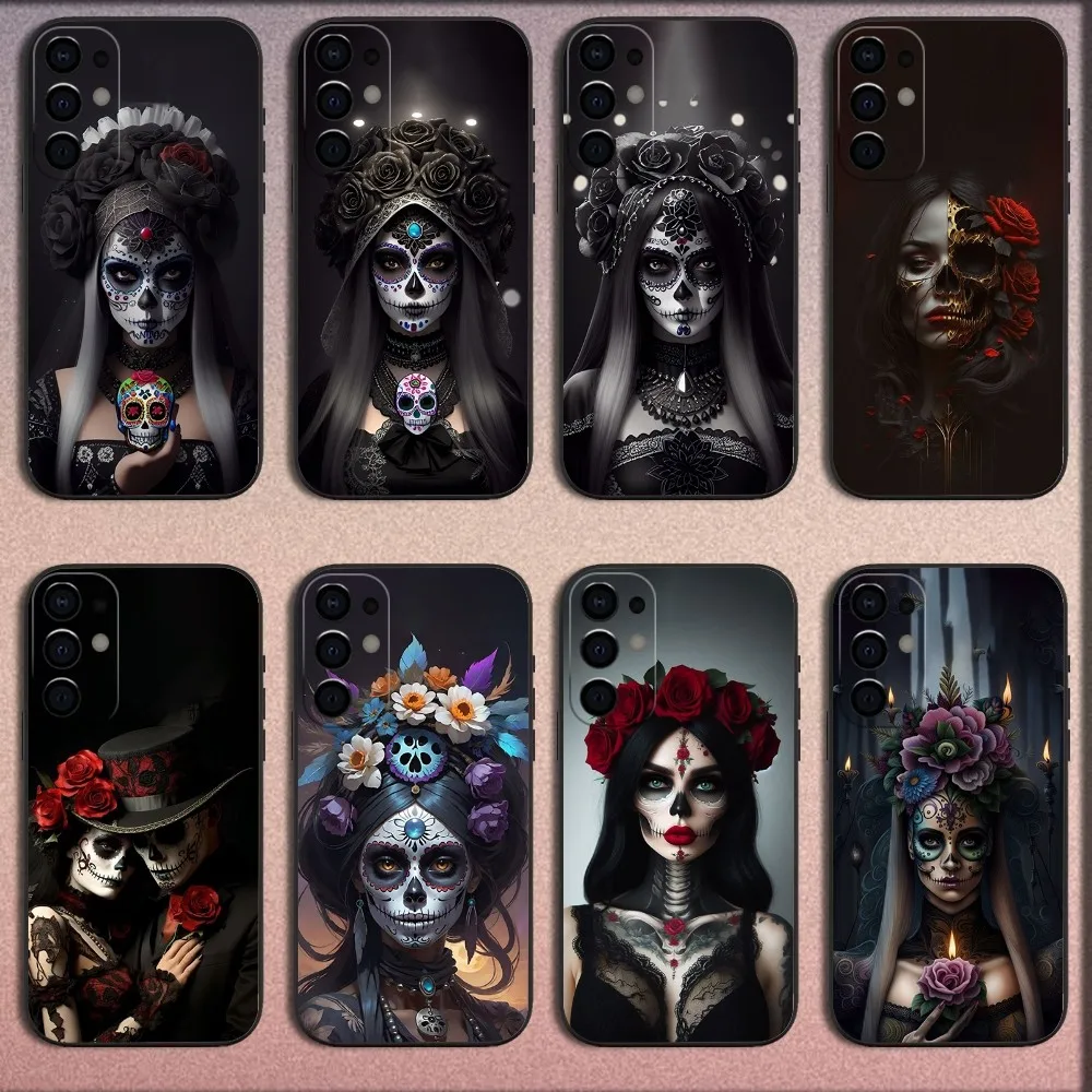

C-Catrina Rose Girl Skull Phone Case For Samsung S25,S24,S21,S22,S23,S30,Ultra,S20,Plus,Fe,Lite,Note,10,9,5G Black Soft Cover