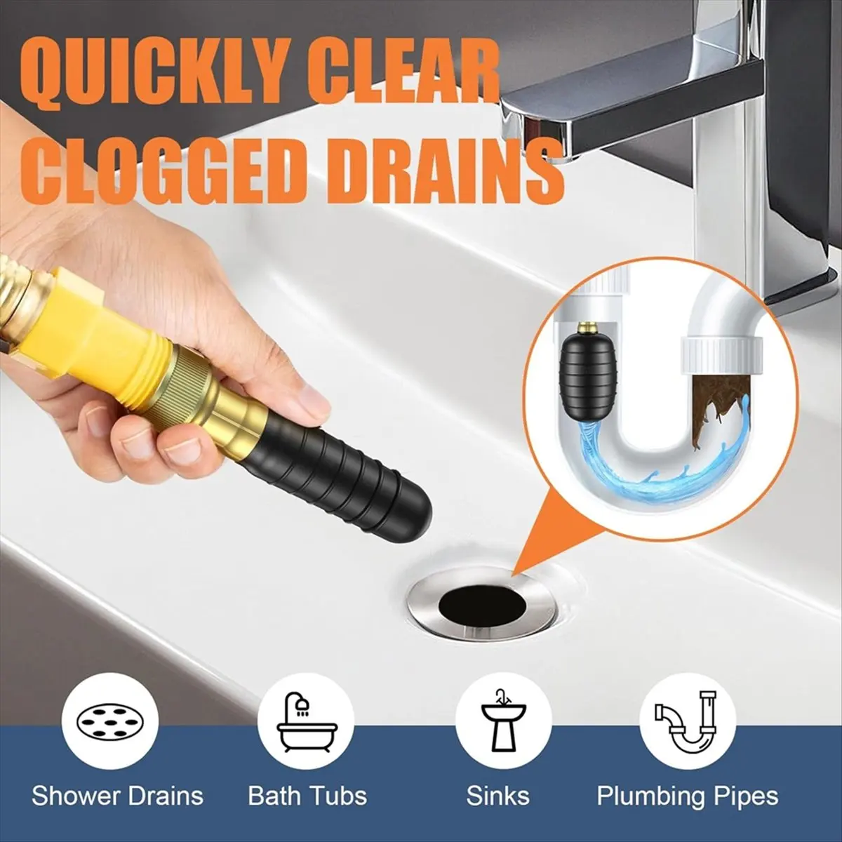 3Pcs Drain Bladder Kit,Drain Cleaning Bladder Fits 1in to 6in Pipes,with Retractable Hose,Shut-Off Valve &Faucet Adapter