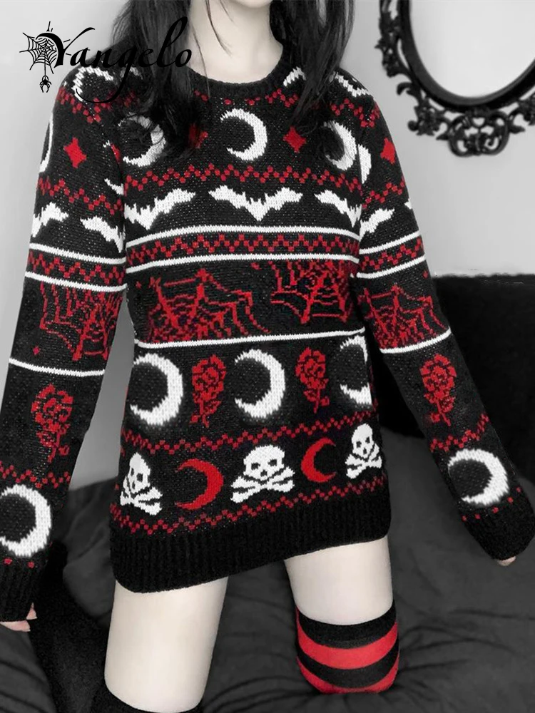 Yangelo Gothic Moon Skull Pattern Sweater Women\'s Knit Top Loose Long Sleeves Warm Autumn Winter Street Fashion Girls Pullover