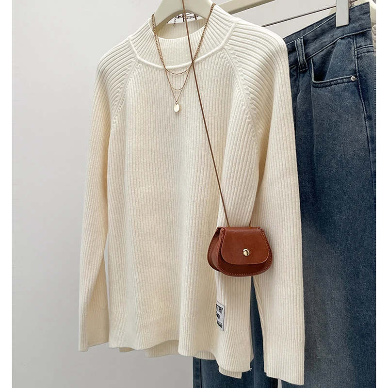 Plus Size Chubby Girl Solid Color Half High Neck Long Sleeve Knitted Sweater 2024 Autumn Winter Lazy Style Wygodny top damski