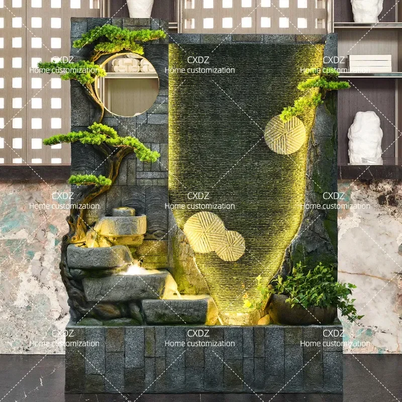 Rockery Fountain Flowing Water Floor Ornament Water Curtain Wall Entrance Screen Landscape for Living Room Balcony Office