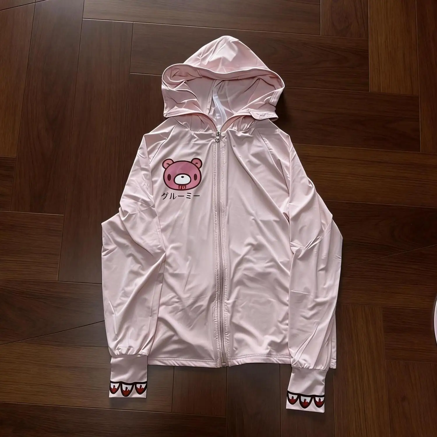 Sweet Kawaii Harajuku Cartoon Bear Graphic UV Protection Coat Women Pink Hooded Zip Up Cuff Print Loose Fit Casual Daily Outfit
