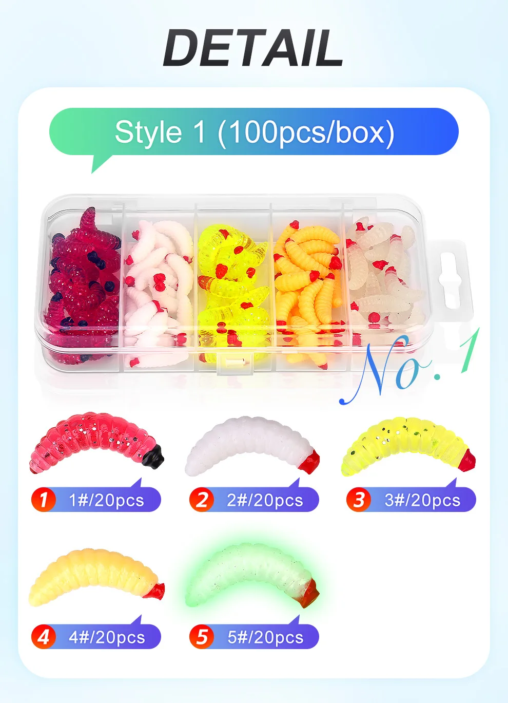 WEIHE 5 Farben Künstliche Weicher Köder Combo Mini Mehlwurm Köder Kit Made Köder Süßwasser Salzwasser Wobbler Pesca Köder Box – Detail 5