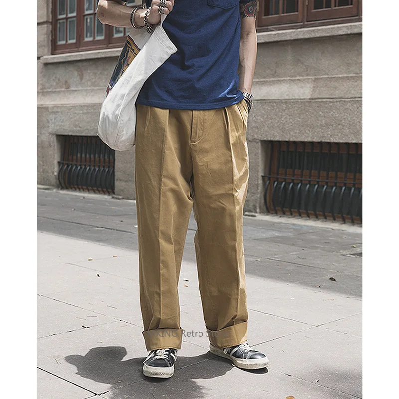 

Non Stock American Retro Men's Casual Pants Two-pleated Loose Tooling Pants Straight Khaki Pants