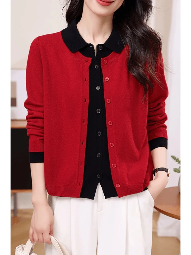 

Korean Sle Faionable Collar Patchwork Color Cardigan Knitted Sweater Coat Autumn Commute Elegance Women's Top