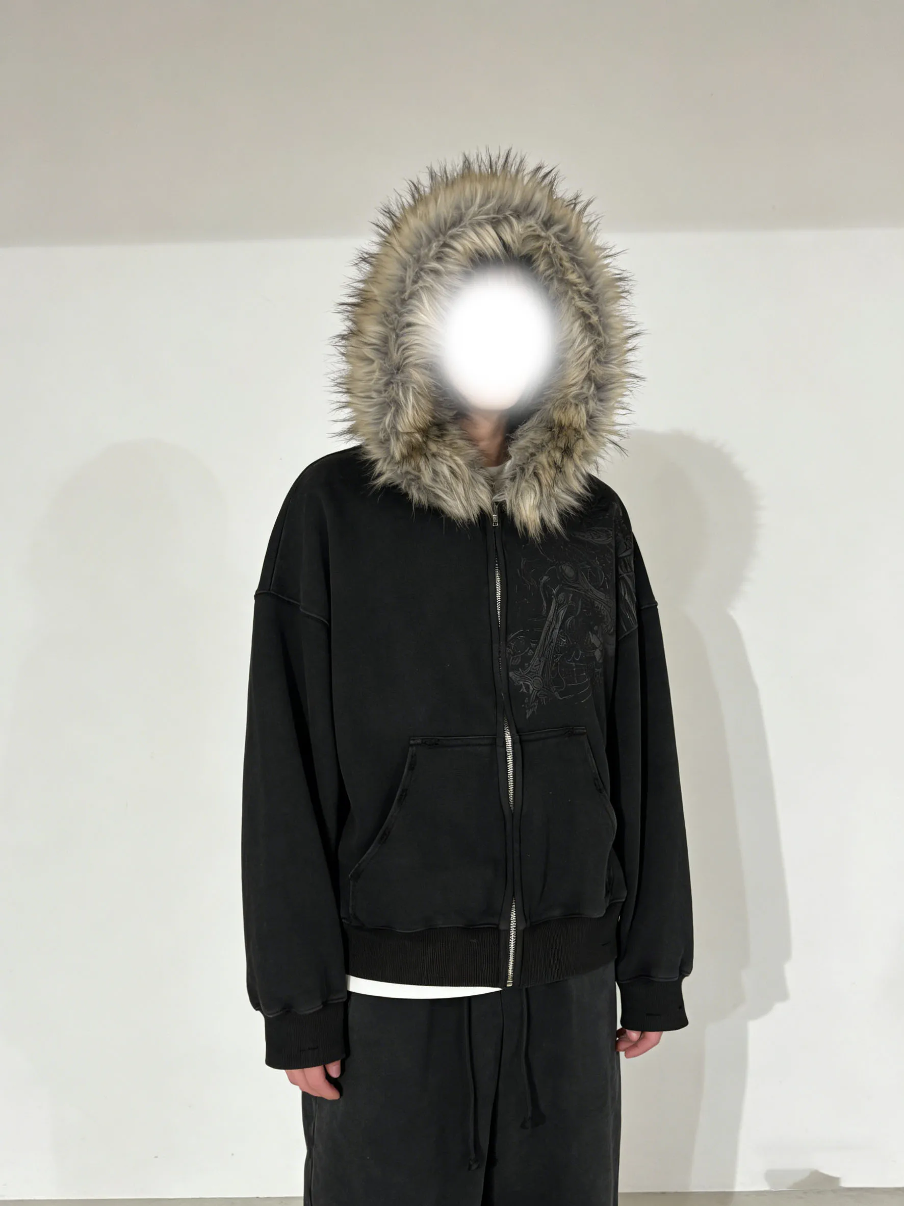 

European and American dark printed fur collar design, niche high street, retro hip-hop style unisex hoodie