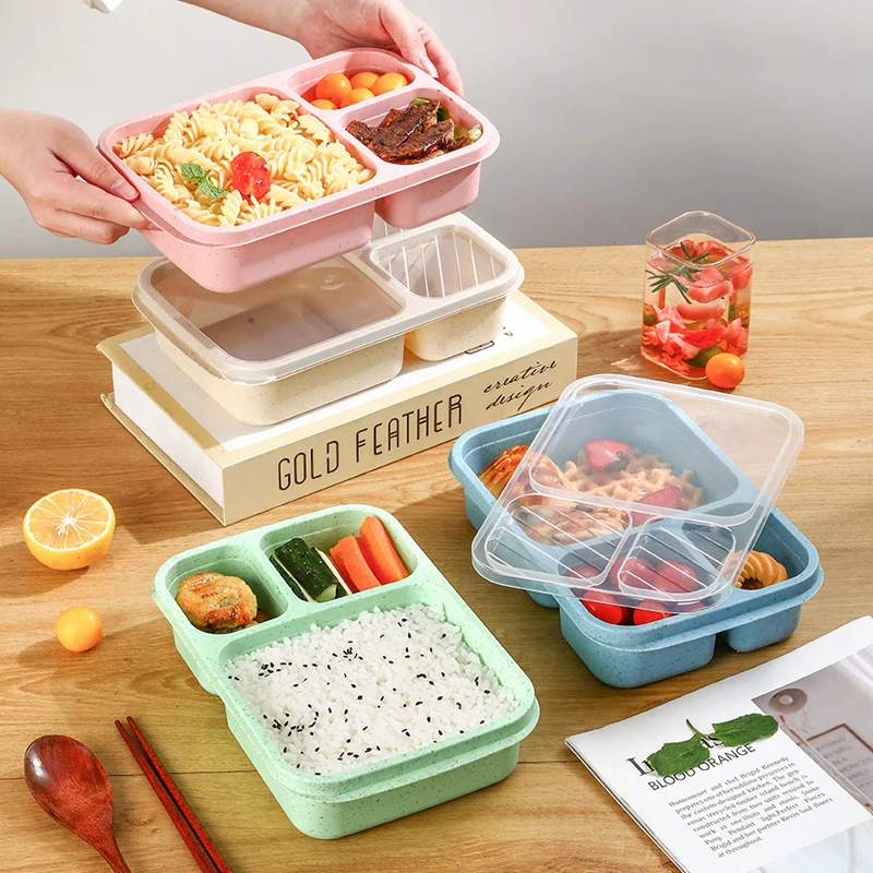 Microwave Lunch Box Wheat Straw Dinnerware Food Storage Container Children Kids School Office Portable Bento Box Lunch Bag