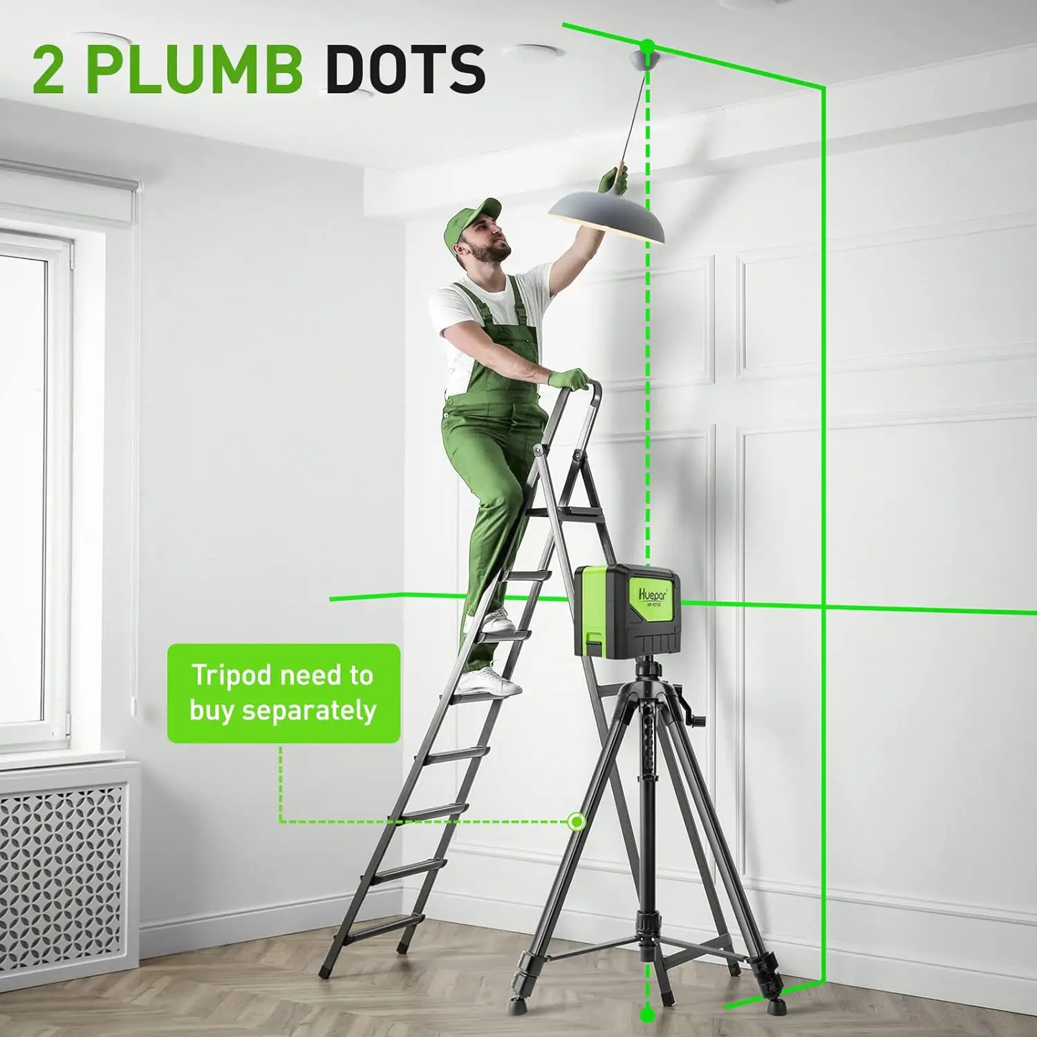 Huepar Cross Line Laser Level with 2 Plumb Dots 9211G Green Beam 180° Self-Leveling Alignment Laser Level Tools with Plumb Point