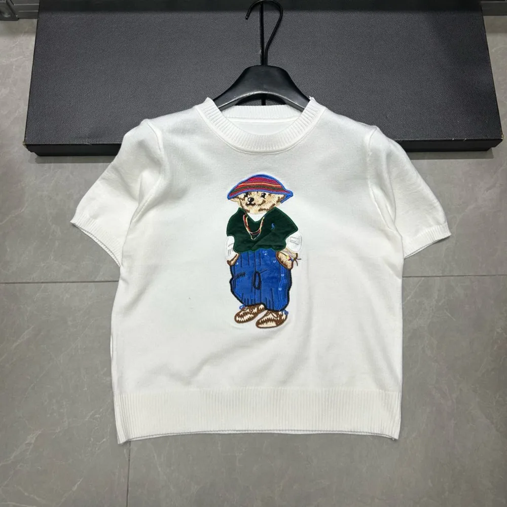 2025 Summer New Women\'s Knitted Pullover Embroidery Cartoon Bear Short Sleeve Sweater Korean Fashion Casual Thin Ladies Knitwear