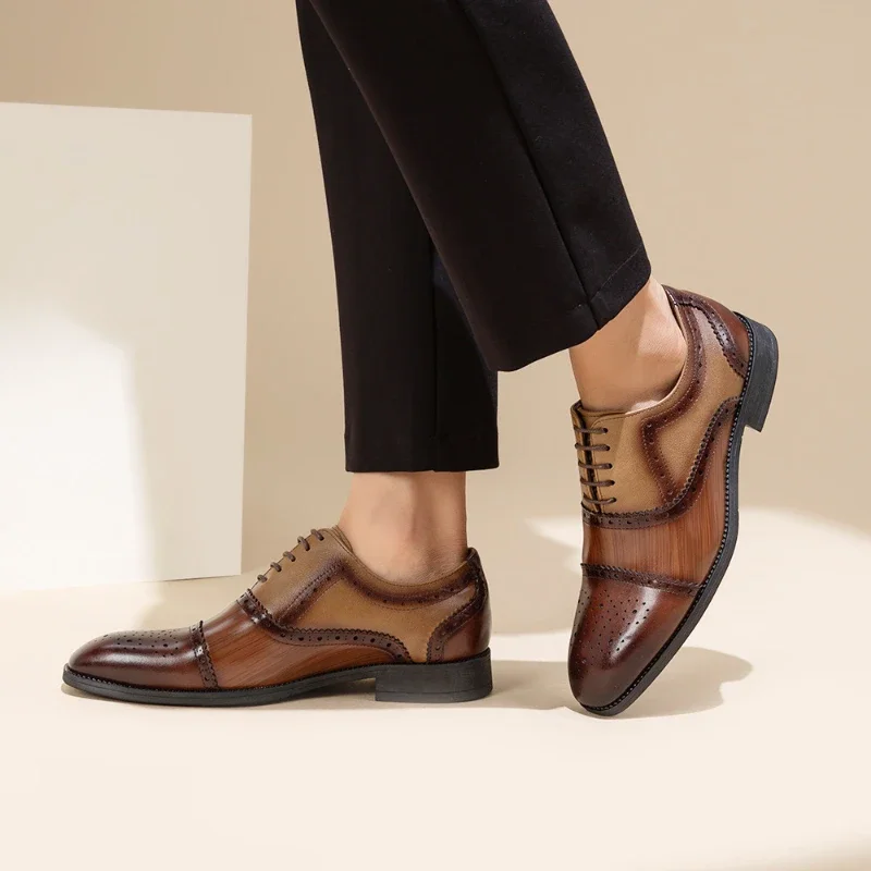 Luksusowe męskie buty Brogue Square Toe Mixed-Colors Men Dress Shoes Business Office Flats Eleganckie męskie buty ślubne na imprezę Duży rozmiar — zdjęcie 6