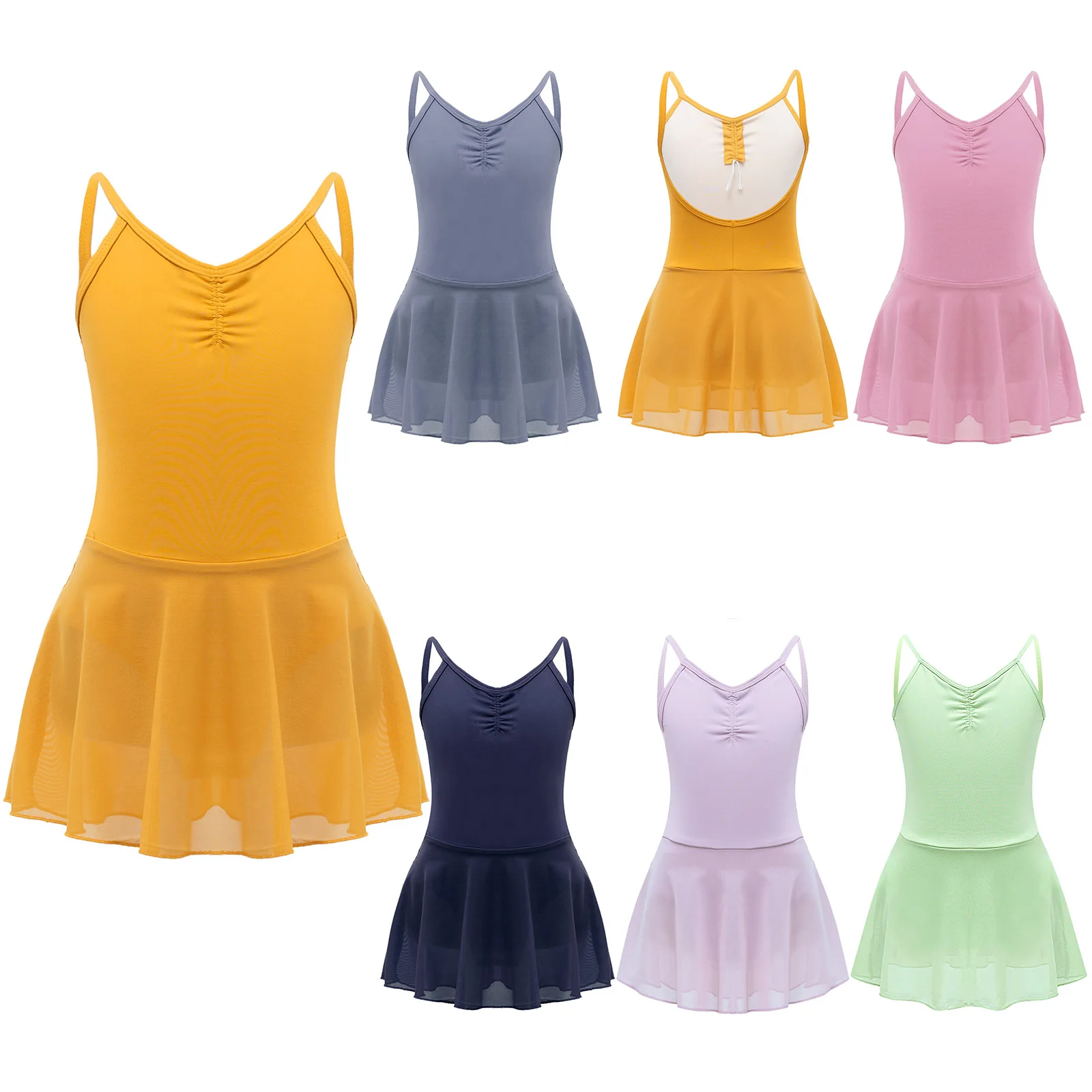 New Girls Ballet Dance Dress Kids Solid Color Suspender V Neckline Backless Skirted Dance leotard Training Competition Costume