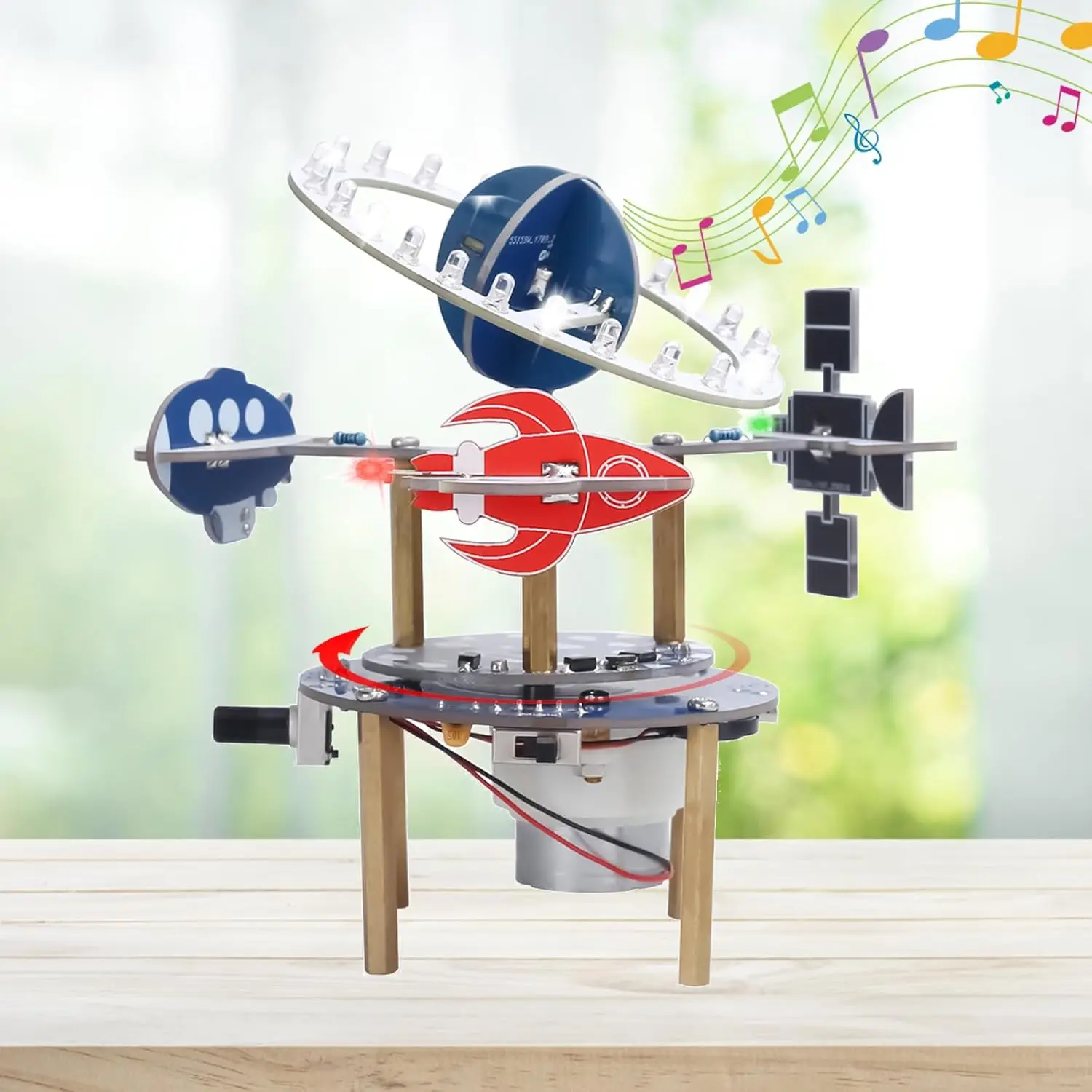 DIY Wireless Rotating 3D Space Model Soldering Kit USB Powered Rotation with Music & LED STEM Project for High School College