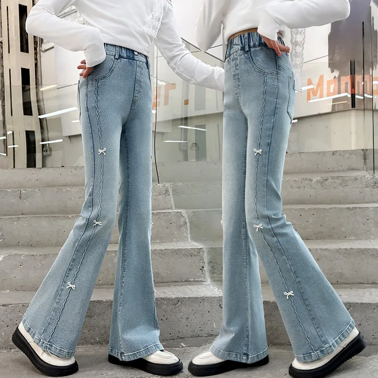 جينز بناتي 2025 جديد ربيع الخريف للأطفال لطيف الترفيه القوس الدنيم الأزرق الأطفال متوهج السراويل ملابس فتاة في سن المراهقة بنطلون 5-14 سنة #6