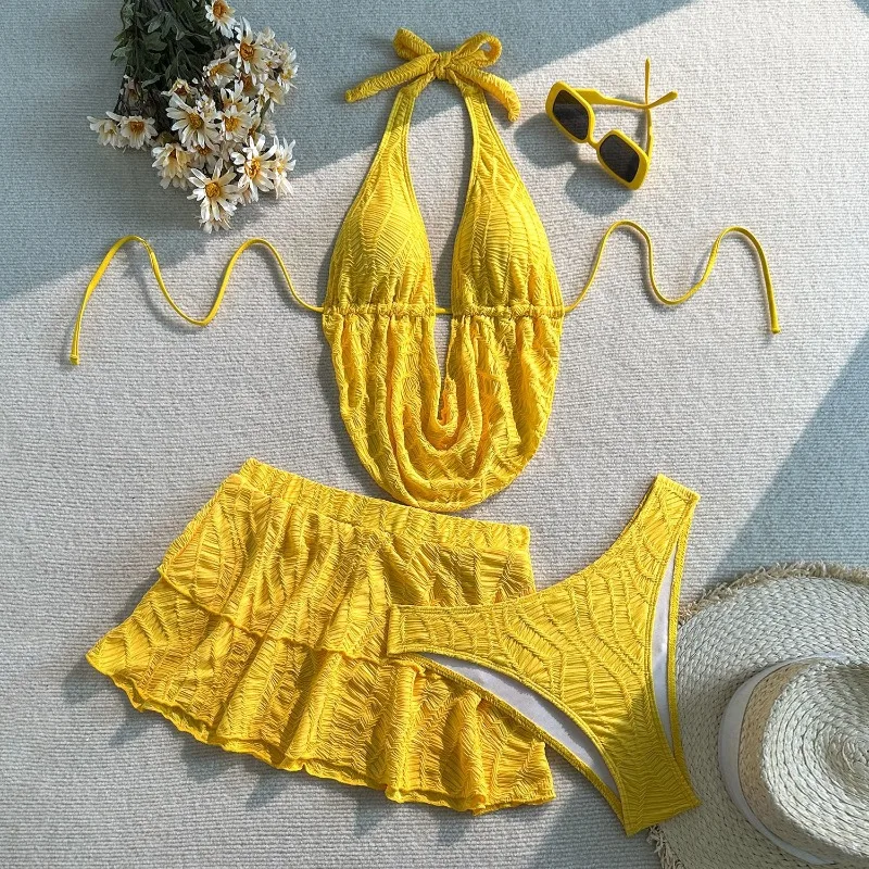 Conjunto de Bikini de Tres Piezas para Mujer, Estilo 2026, Bikini Triangular con Tirantes, Traje de Baño con Cubierta, Traje de Baño Sólido con Cuello en V, Ropa de Playa