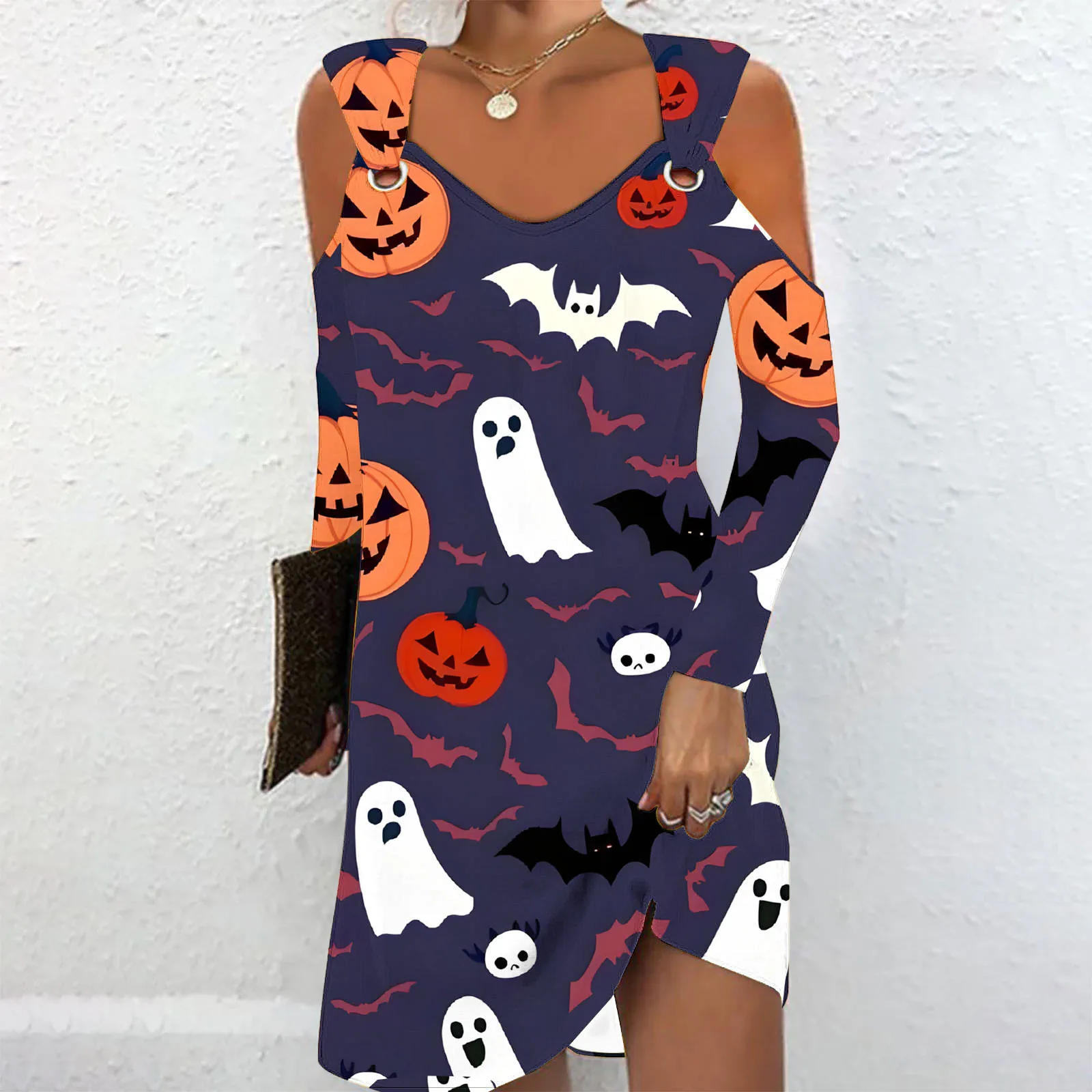 Sexy Off Shoulder Long Sleeve Dress Women 2024 Autumn Halloween Pumpkin Hollow Out Casual Mini Dresses For Women Robe Femme