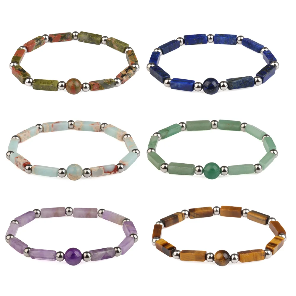 Square Tube Stone Beads Bracelet Natural Amethyst Tiger Eye Stainless Steel Round Ball Charm Bracelet Jewelry Gift for Women Men
