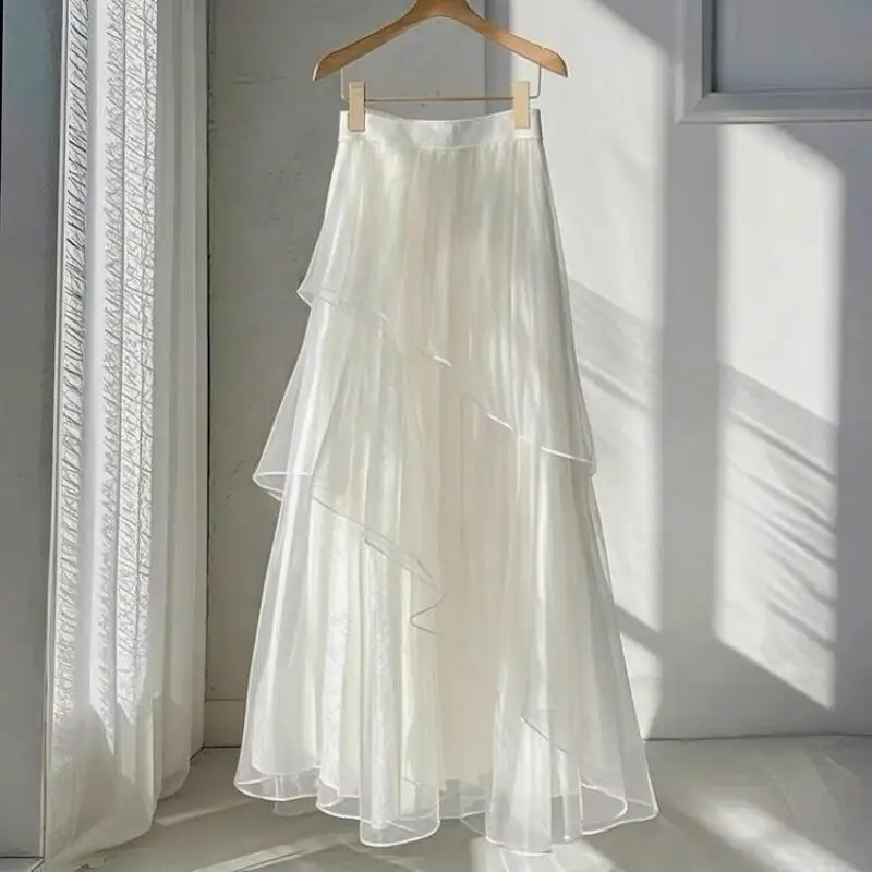 Hot 2026 Spring Summer New Women High Waist Fairy Style Casual A-Line Long Skirt Fashion Versatile Elegant Lace Mesh Half Skirt