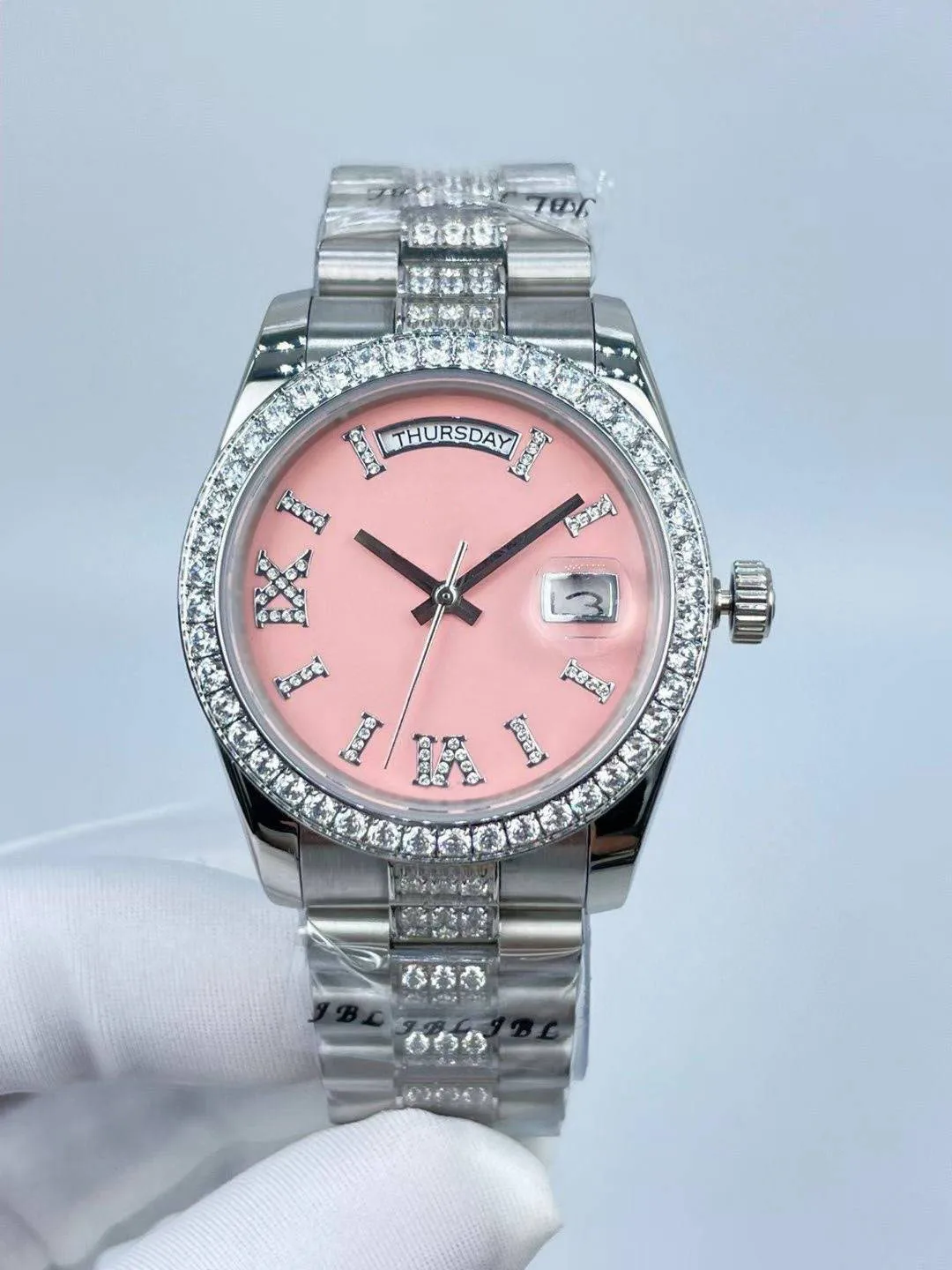 

"Ladies Diamond Bezel Watch with Pink 36mm Dial - Week Calendar, Stainless Steel Strap"