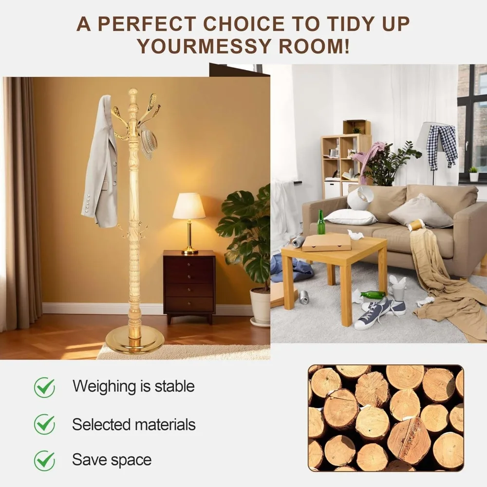 حامل معطف من الخشب الصلب على الطراز العتيق مع 14 خطافًا، قاعدة معدنية شديدة التحمل قائمة بذاتها، ارتفاع قابل للتعديل لمعاطف التعليق #3