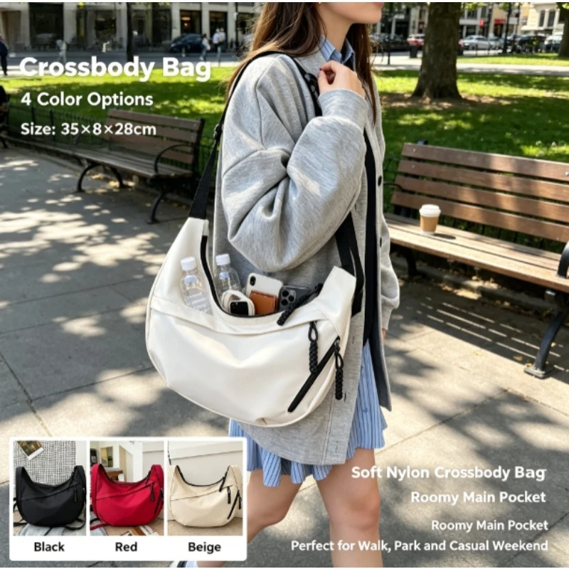 Women Simple Fashion DumplingShaped Crossbody Bag, Lightweight LargeCapacity Shoulder Purse Casual Sling Bag for Students Gym