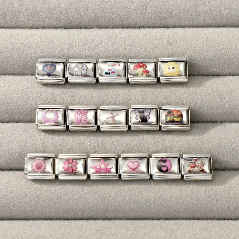 Y2K Pink Charm Bracelet Bus Rose Stars Italian Charm Links Fit 9mm Bracelet Stainless Steel DIY Jewelry Making Wholesale