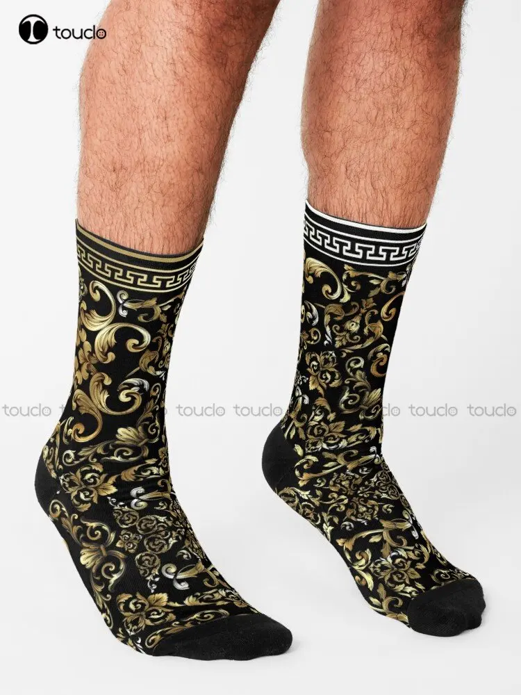 Ornate Baroque Black And Gold Greek Key Border Socks Yellow Socks Personalized Custom Unisex Adult Teen Youth Socks Custom Gift