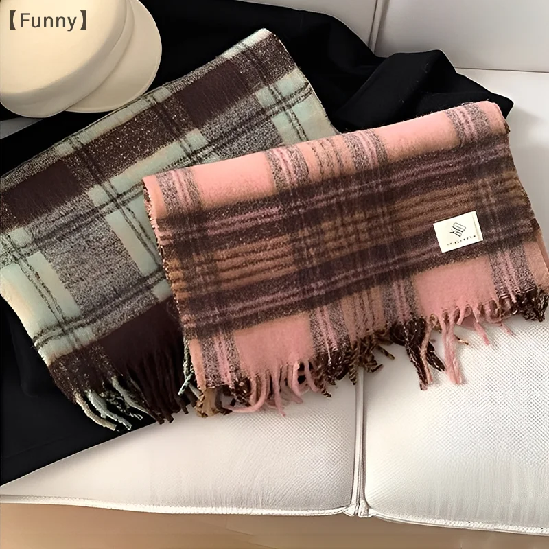 〔Lucu〕 Syal Pasangan Baru Musim Gugur dan Musim Dingin Syal Tebal Hangat Wanita Syal Leher Kotak-kotak Gaya Retro Santai