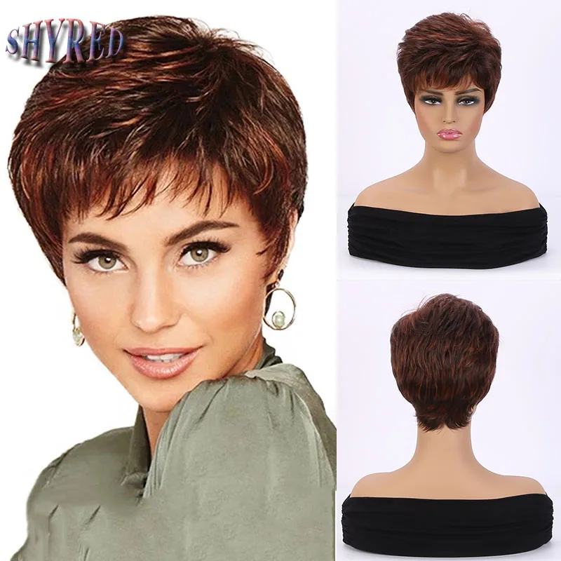 

Lady Synthetic Short Brown Wigs With Bangs for Women Pixie Cut Hairstyle Women Daily Cosplay Realistic Looking Hair Wigs