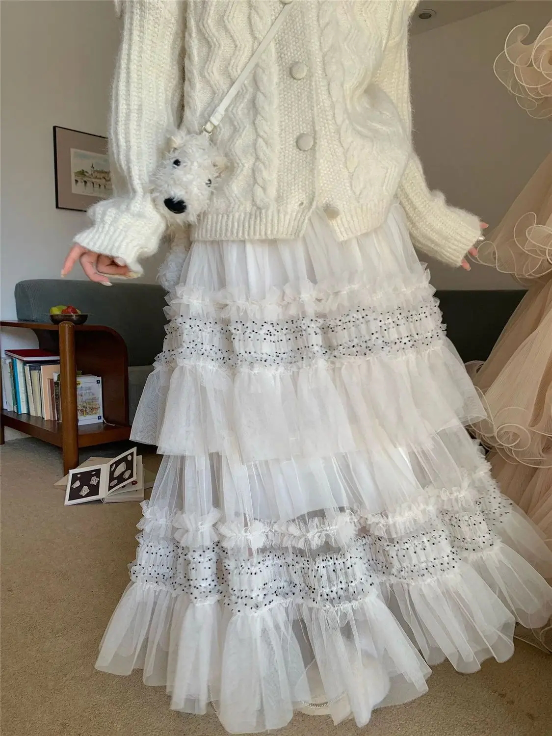 Korean Retro Heavy Industry Polka Dot Mesh Cake Skirt New Apricot Long Skirt