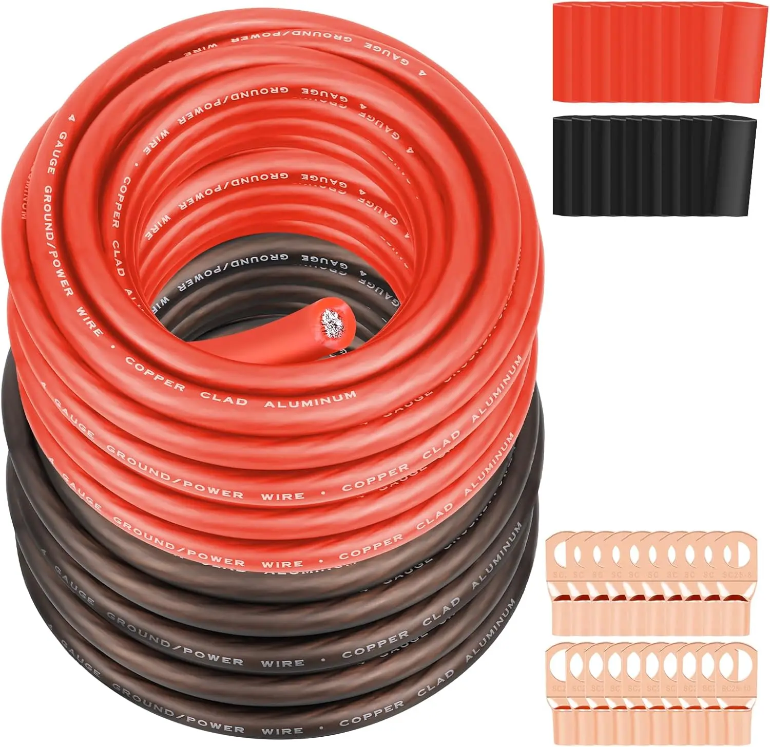

4 Gauge Wire 25FT Black/Red Power Ground Cable with 20 Lugs & Heat Shrink, CCA for Car Audio Amp