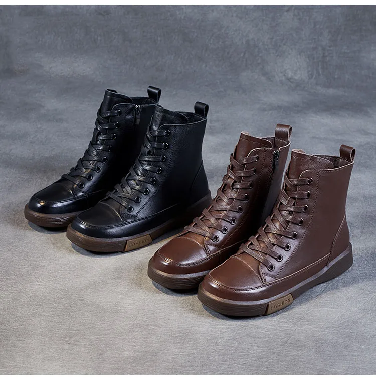 DRKANOL Frauen Echtes Leder Kurze Stiefel Runde Kappe Aus Echtem Leder Handgemachte Retro Street Style Winter Warme Wohnungen Stiefeletten – Detail 4