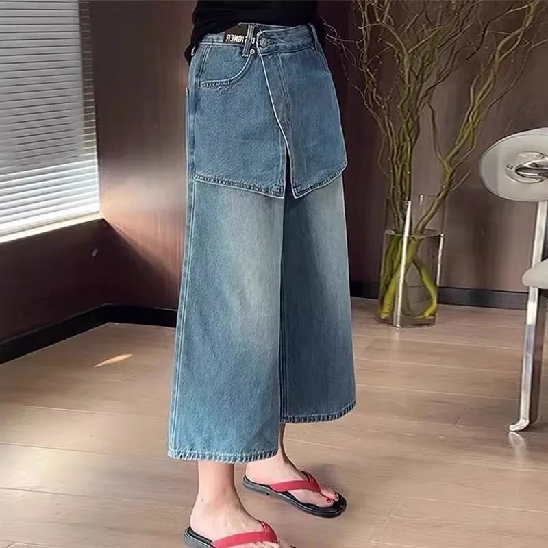

Women's Light Wash Denim Asymmetrical Wide-Leg Capris Wrap Waist Patchwork Casual Cropped Jeans