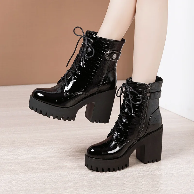 Autumn Winter Women Boots Platform High Heel Shoes Patent Leather Plush Buckle Lace Zipper Ladies Mid Calf Motorcycle Boots32-43