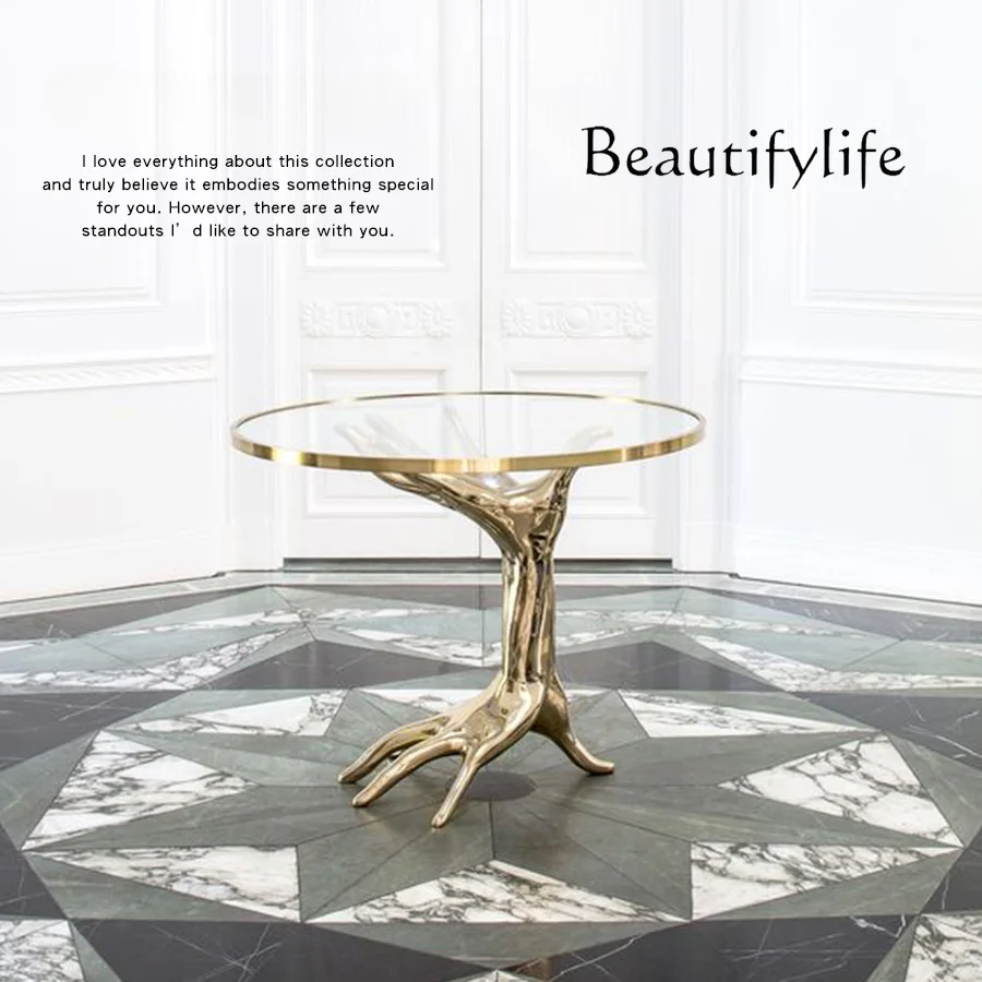 Modern Light Luxury Creative Art Sculpture Palm Tempered Glass Tea Table Decoration Italian Minimalist Display Table