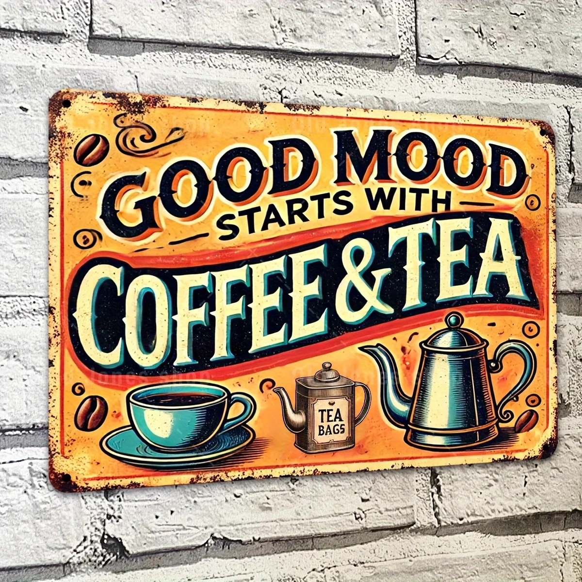 1 Stück Vintage Metall-Wandschild mit Kaffee- und Tee-Motiv "Gute Laune Beginnt mit Kaffee & Tee" - Rustikaler Orangefarbener Hintergrund mit Kaffeebohnen